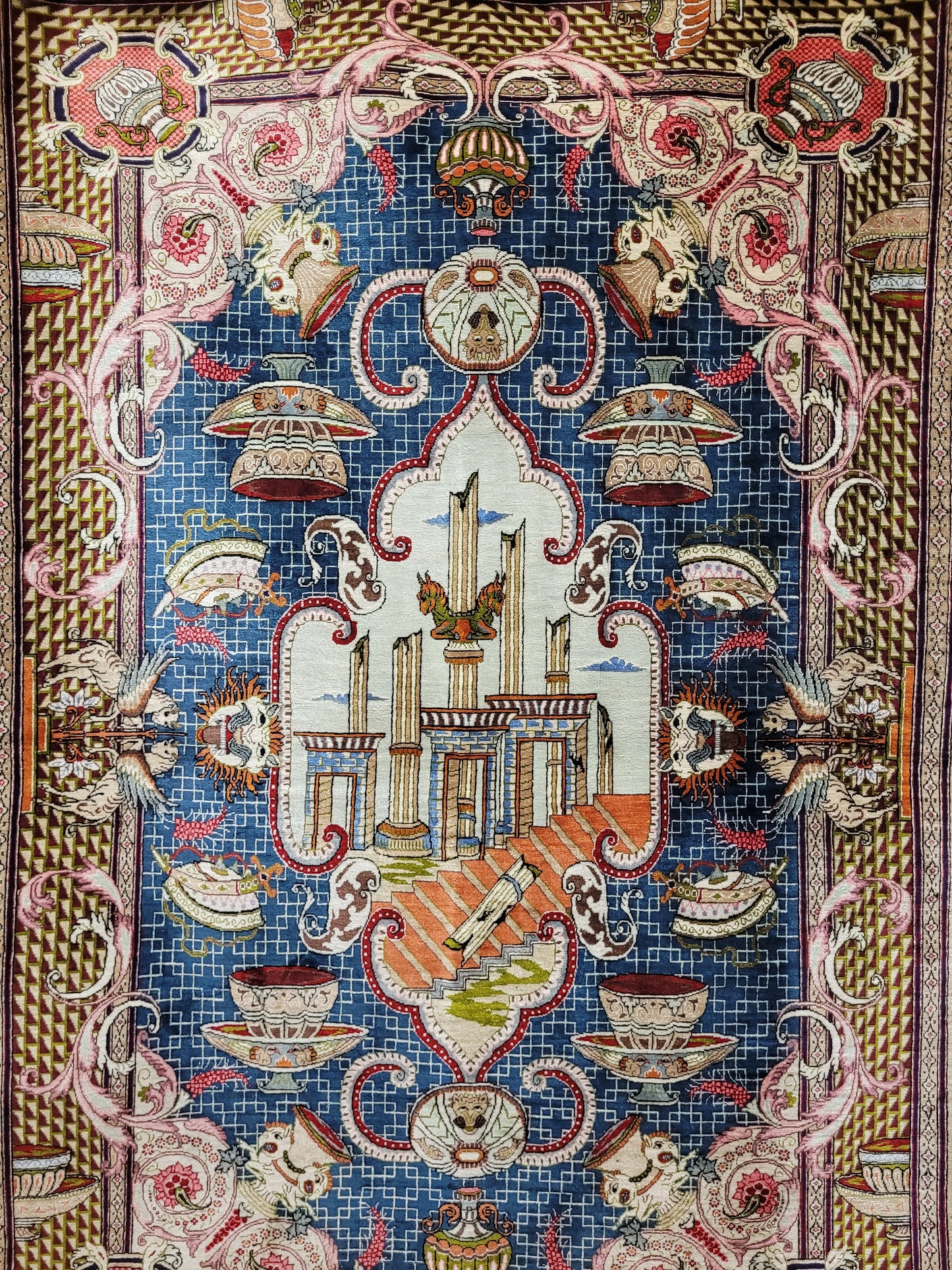 Ghom Teppich Seide auf Seide signiert figürliche Darstellung