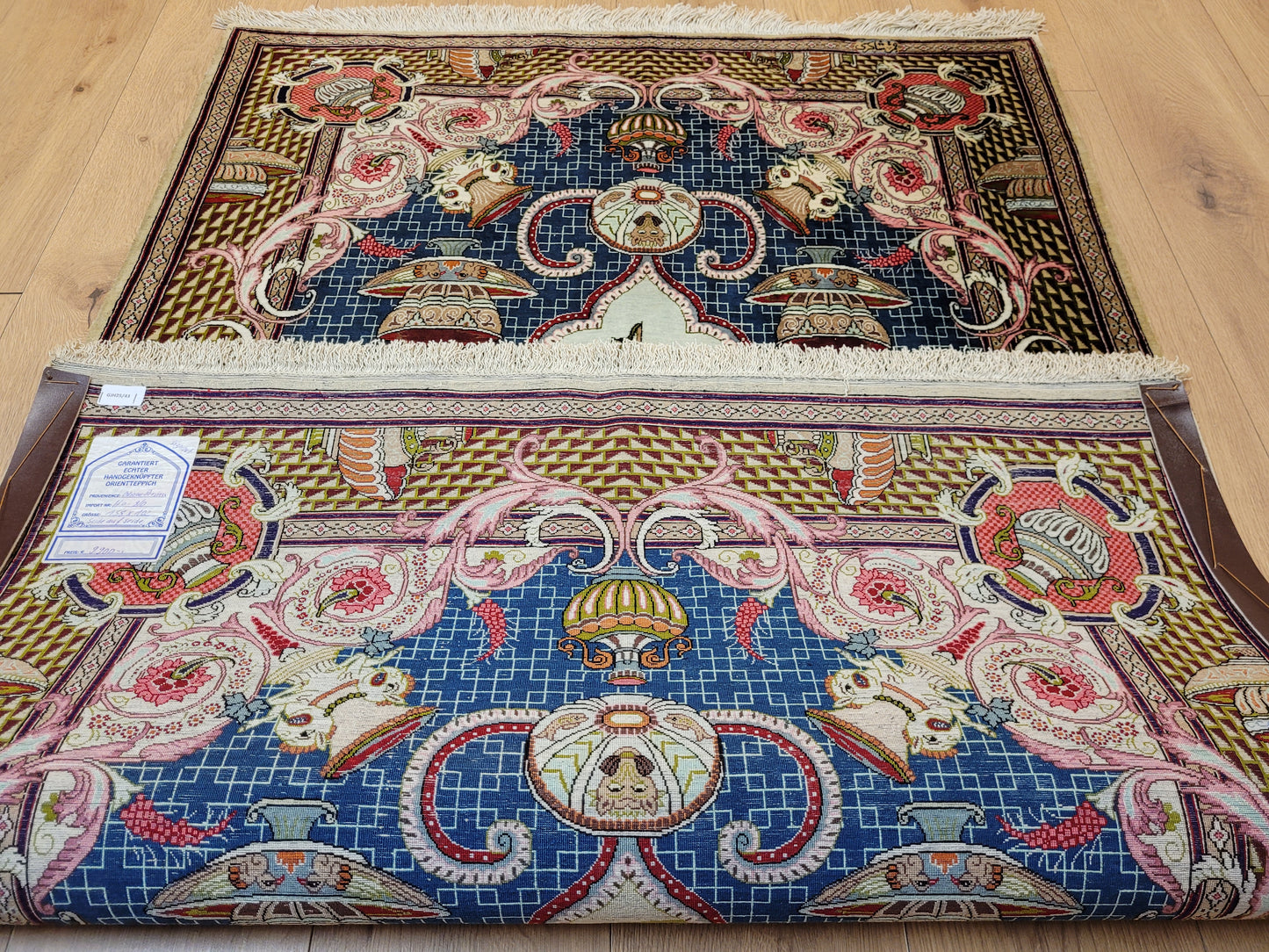 Ghom Teppich Seide auf Seide signiert figürliche Darstellung