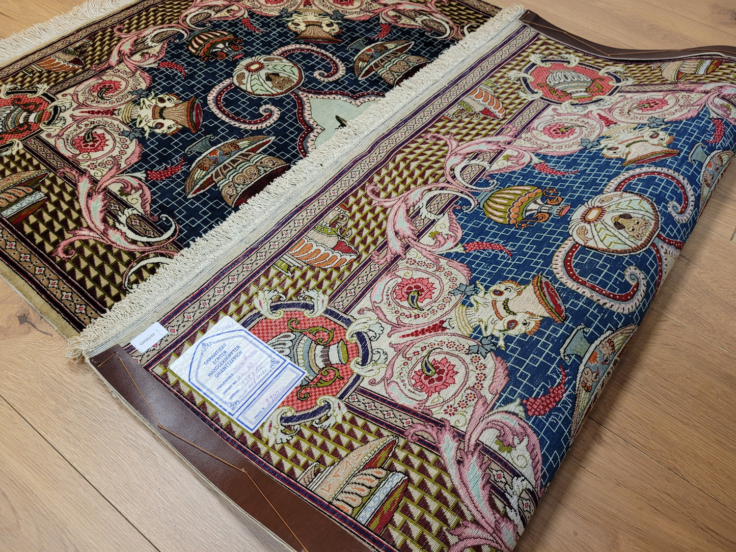 Ghom Teppich Seide auf Seide signiert figürliche Darstellung