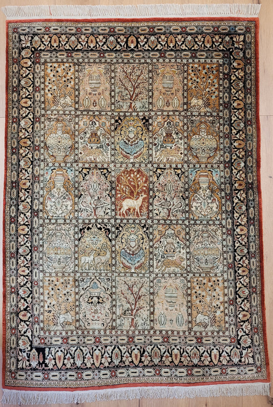 Ghom Teppich Seide auf Seide fein Gartenmotiv Jagdszenen