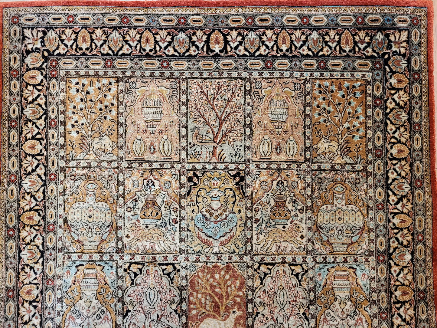 Ghom Teppich Seide auf Seide fein Gartenmotiv Jagdszenen