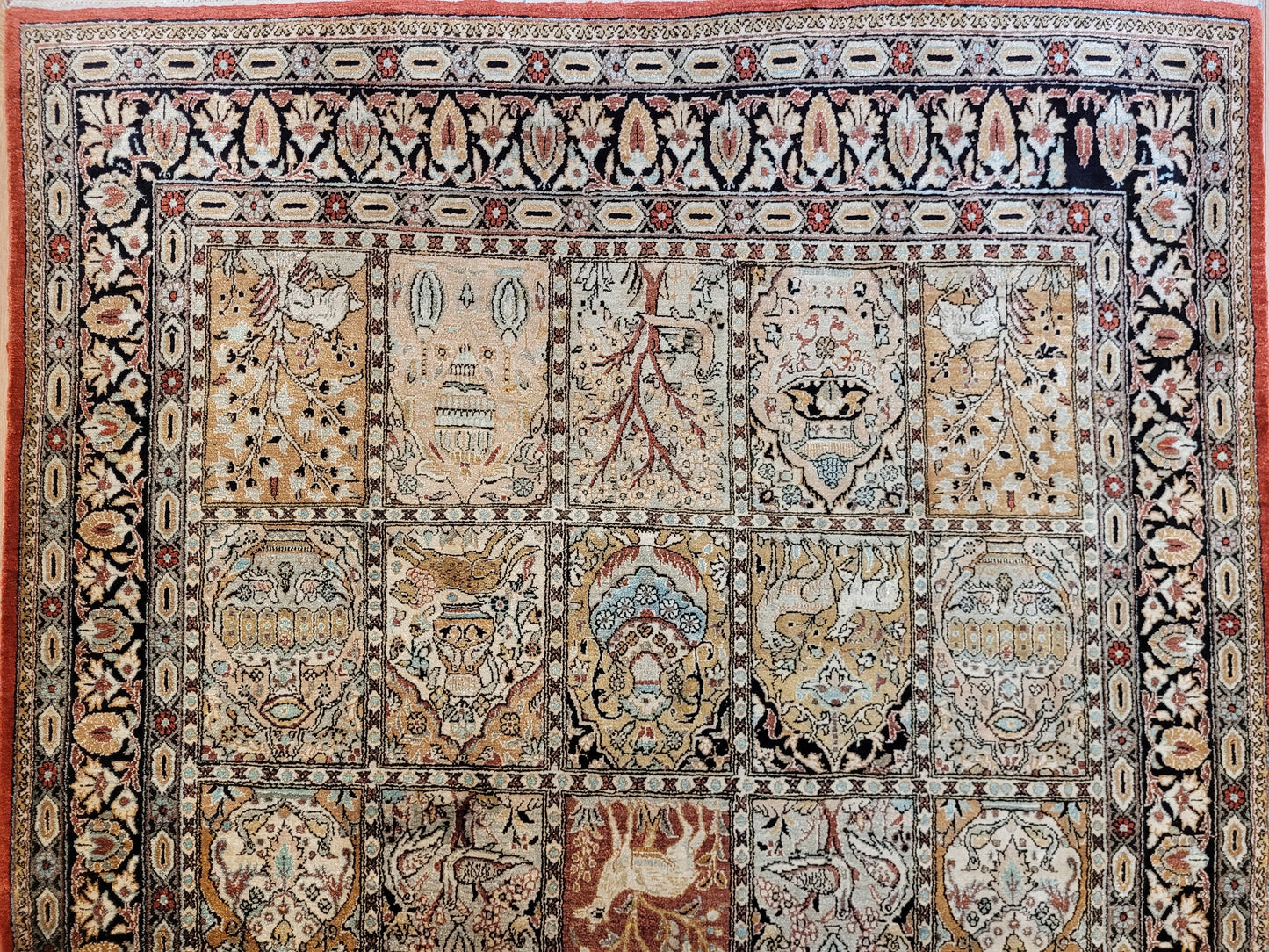 Ghom Teppich Seide auf Seide fein Gartenmotiv Jagdszenen