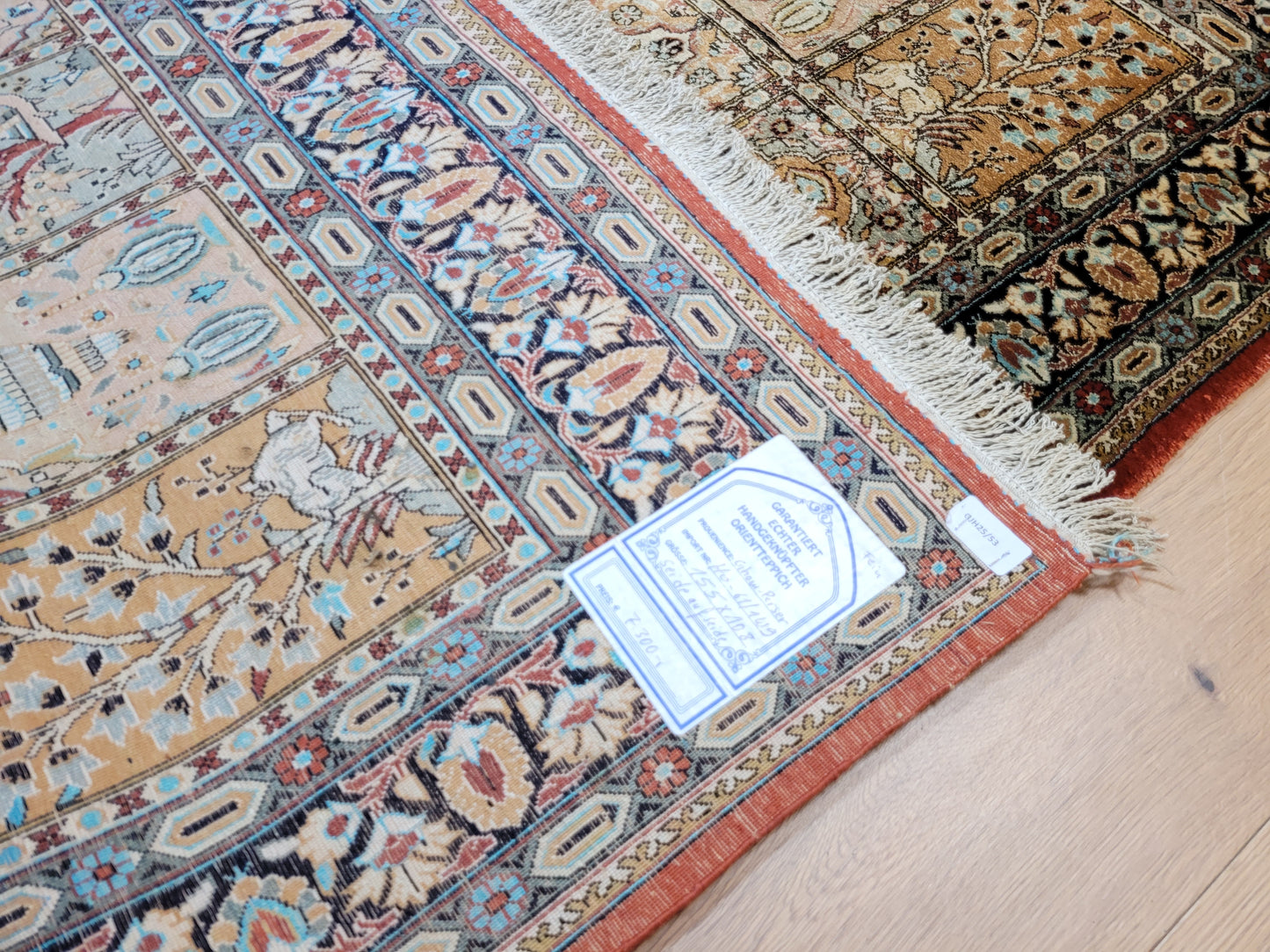 Ghom Teppich Seide auf Seide fein Gartenmotiv Jagdszenen