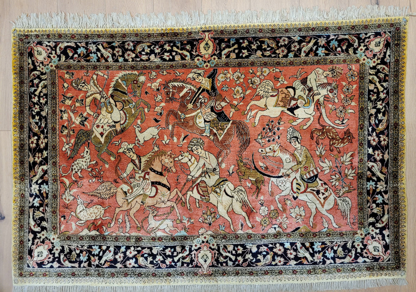 Ghom Teppich Seide auf Seide Jagdszene