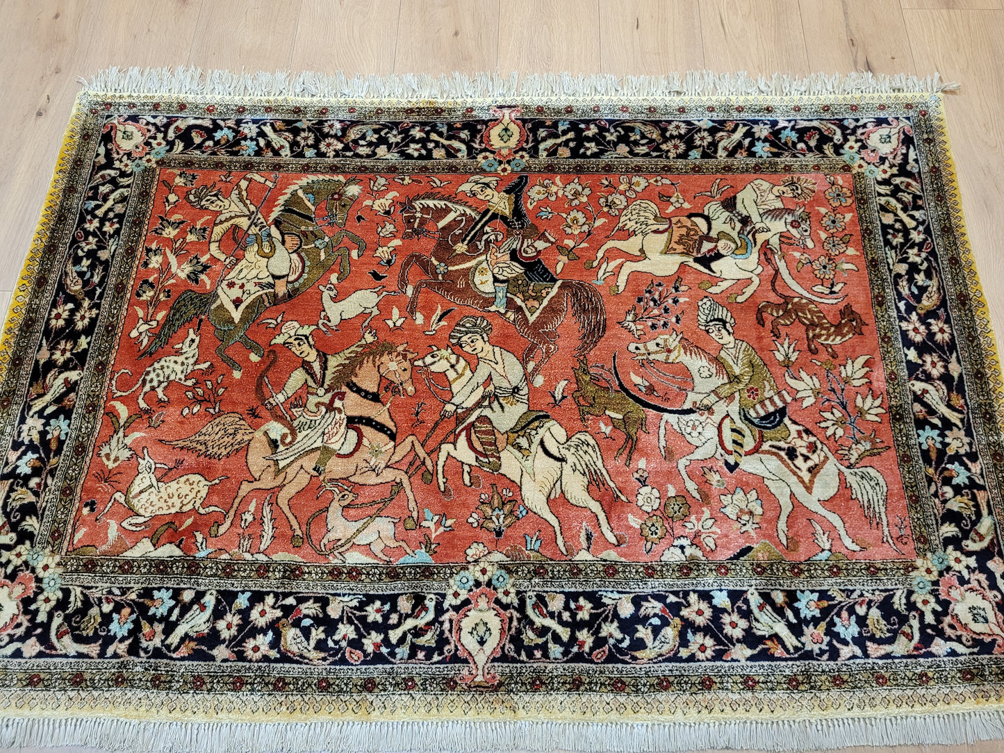 Ghom Teppich Seide auf Seide Jagdszene
