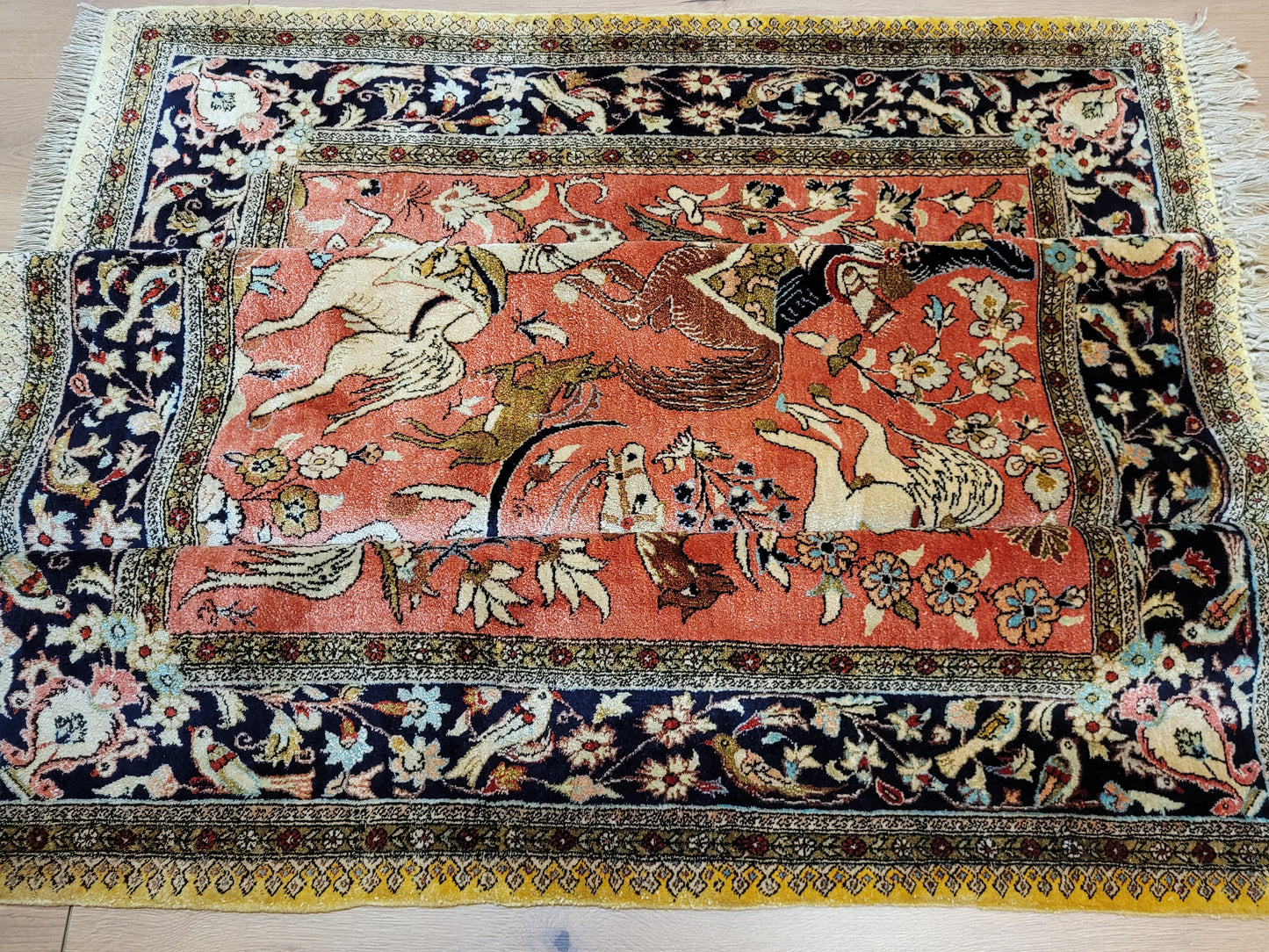 Ghom Teppich Seide auf Seide Jagdszene