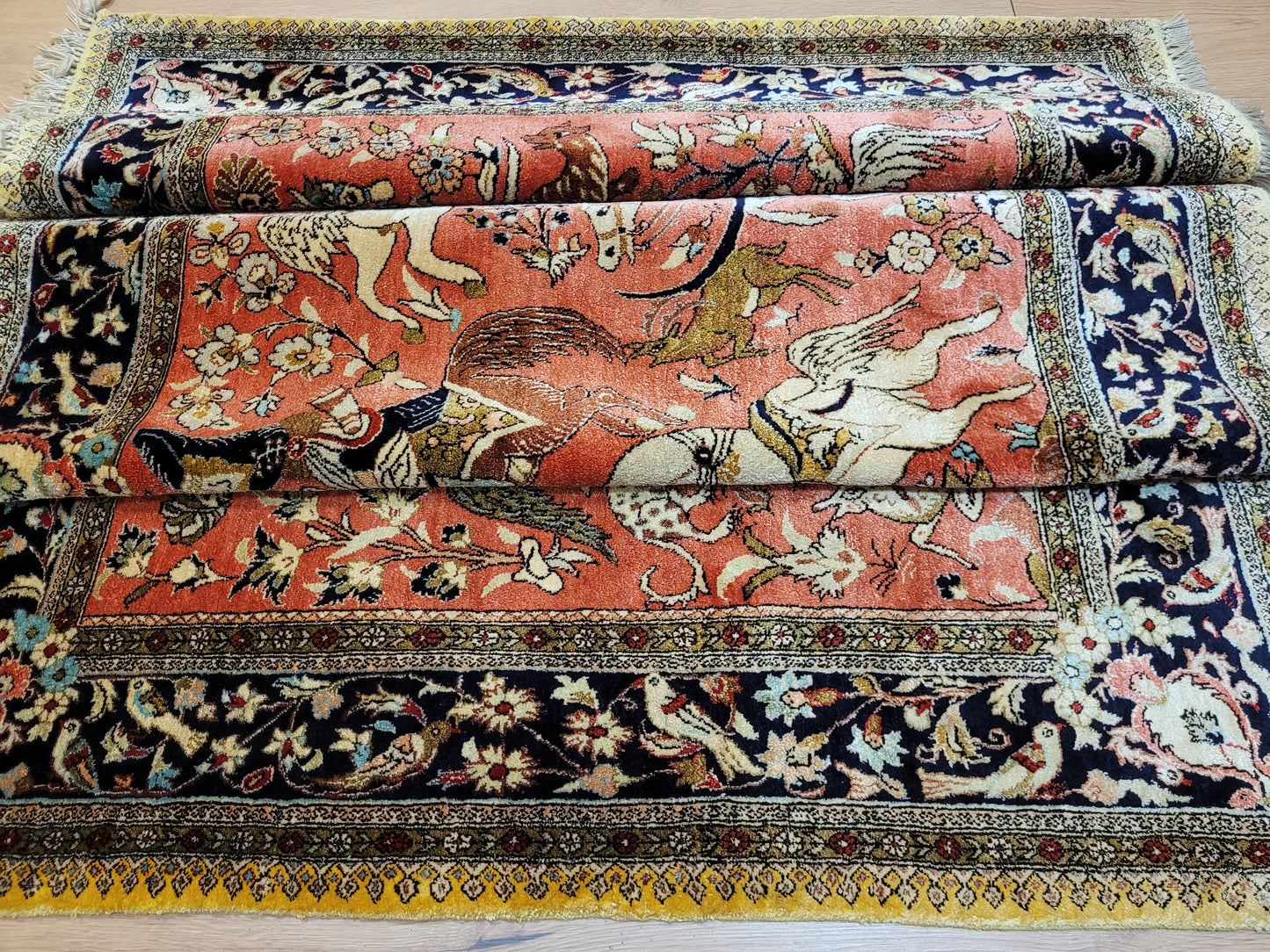 Ghom Teppich Seide auf Seide Jagdszene