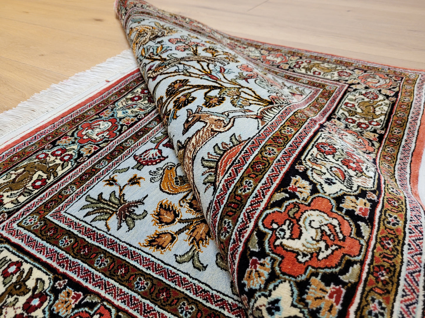 Ghom Seide auf Seide Jagdszene feine Knüpfung