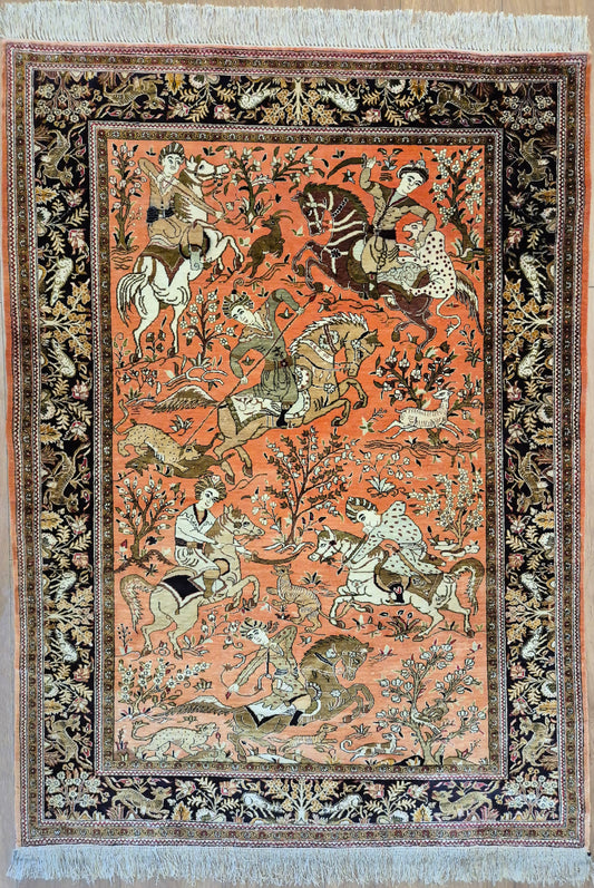 Ghom Seidenteppich Naturseide Jagdmotiv feine Handknüpfung