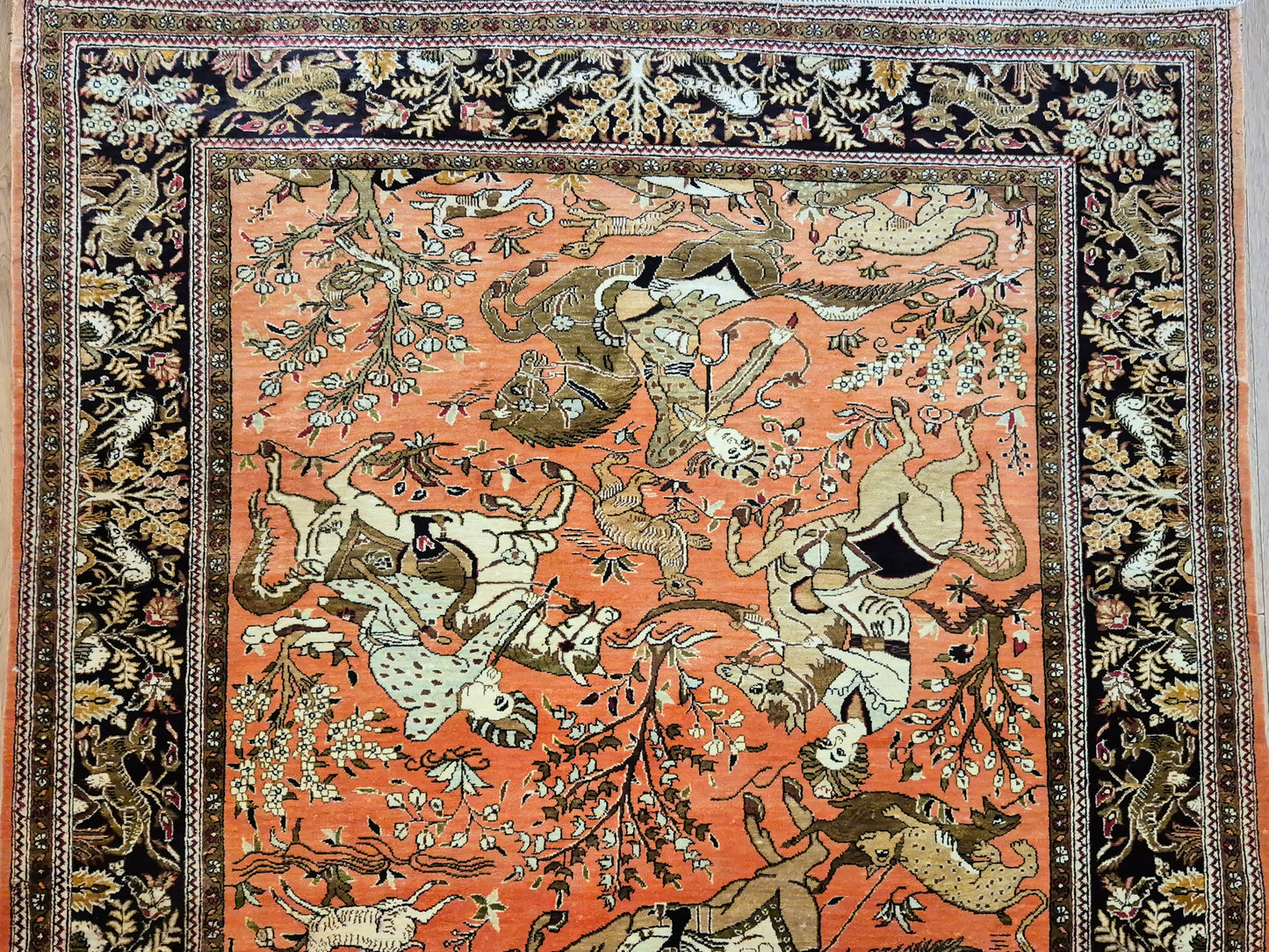 Ghom Seidenteppich Naturseide Jagdmotiv feine Handknüpfung