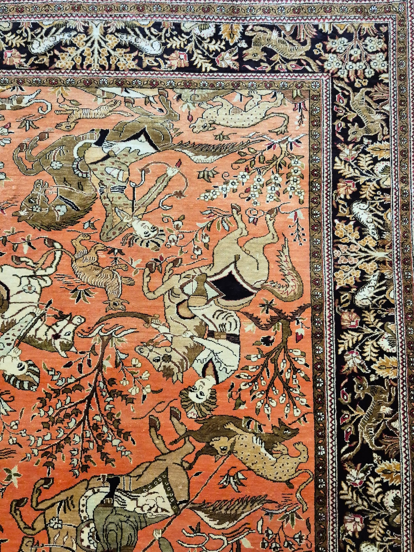 Ghom Seidenteppich Naturseide Jagdmotiv feine Handknüpfung