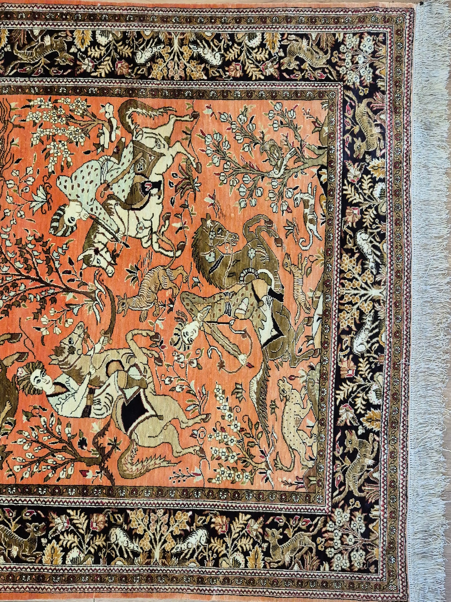 Ghom Seidenteppich Naturseide Jagdmotiv feine Handknüpfung