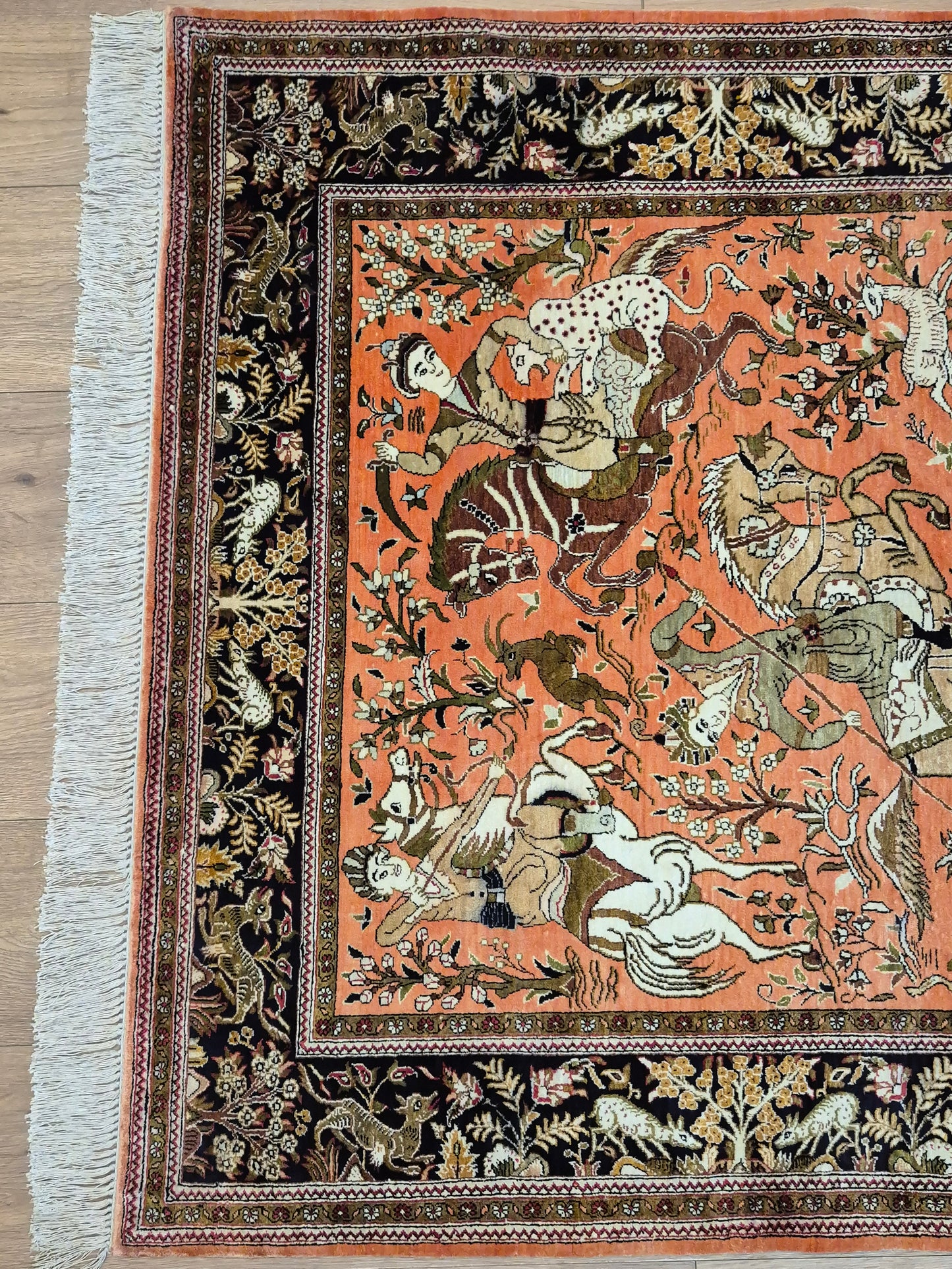 Ghom Seidenteppich Naturseide Jagdmotiv feine Handknüpfung