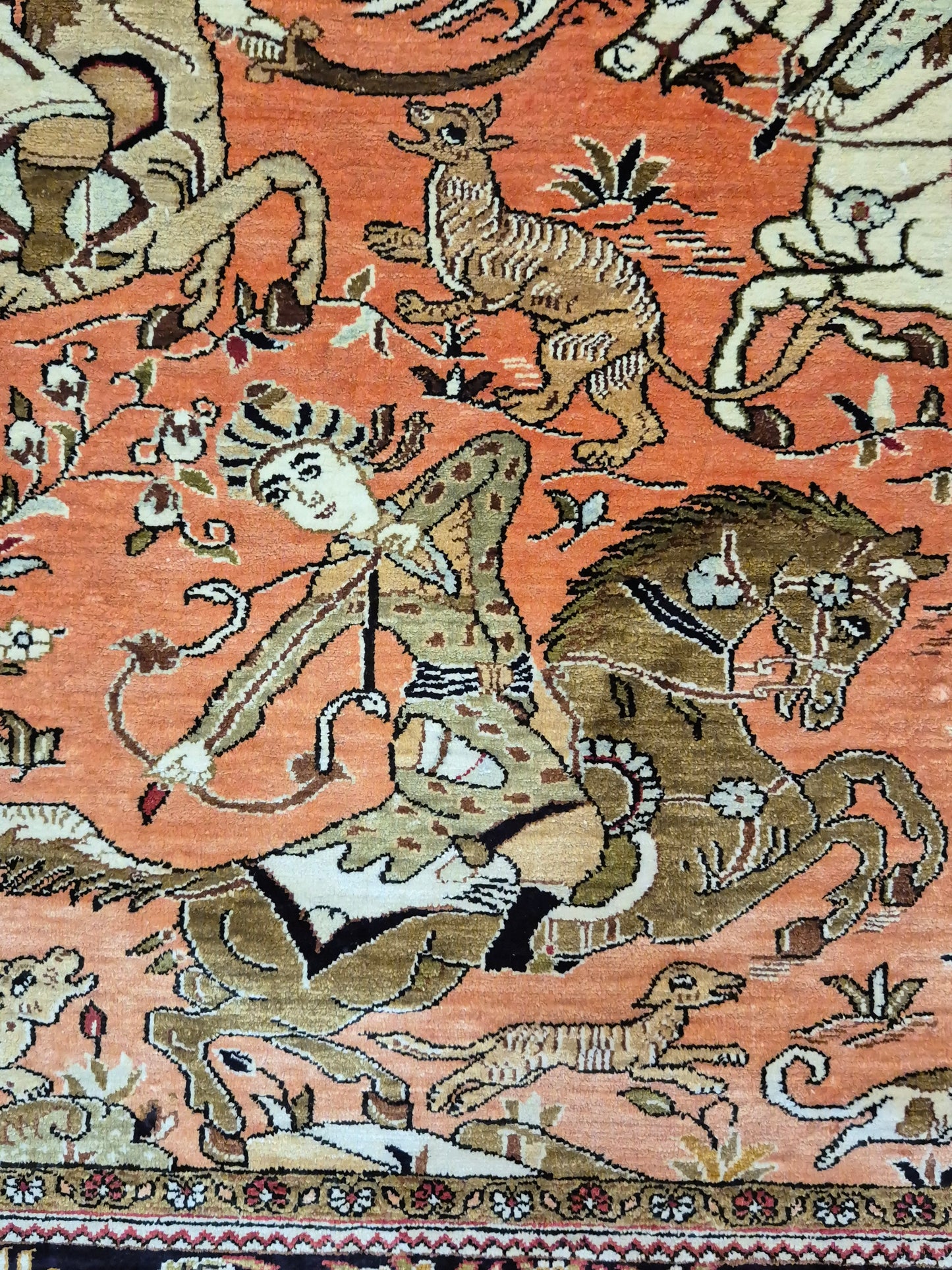 Ghom Seidenteppich Naturseide Jagdmotiv feine Handknüpfung