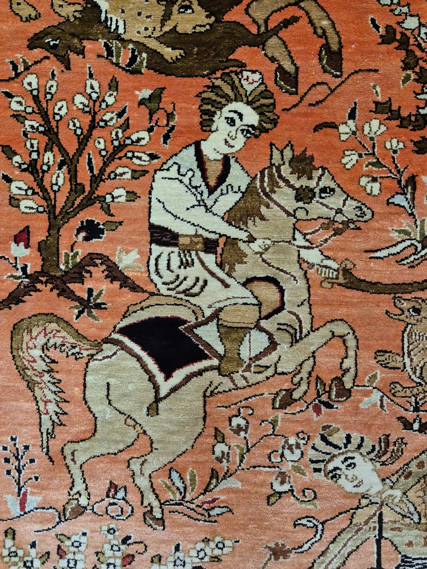 Ghom Seidenteppich Naturseide Jagdmotiv feine Handknüpfung
