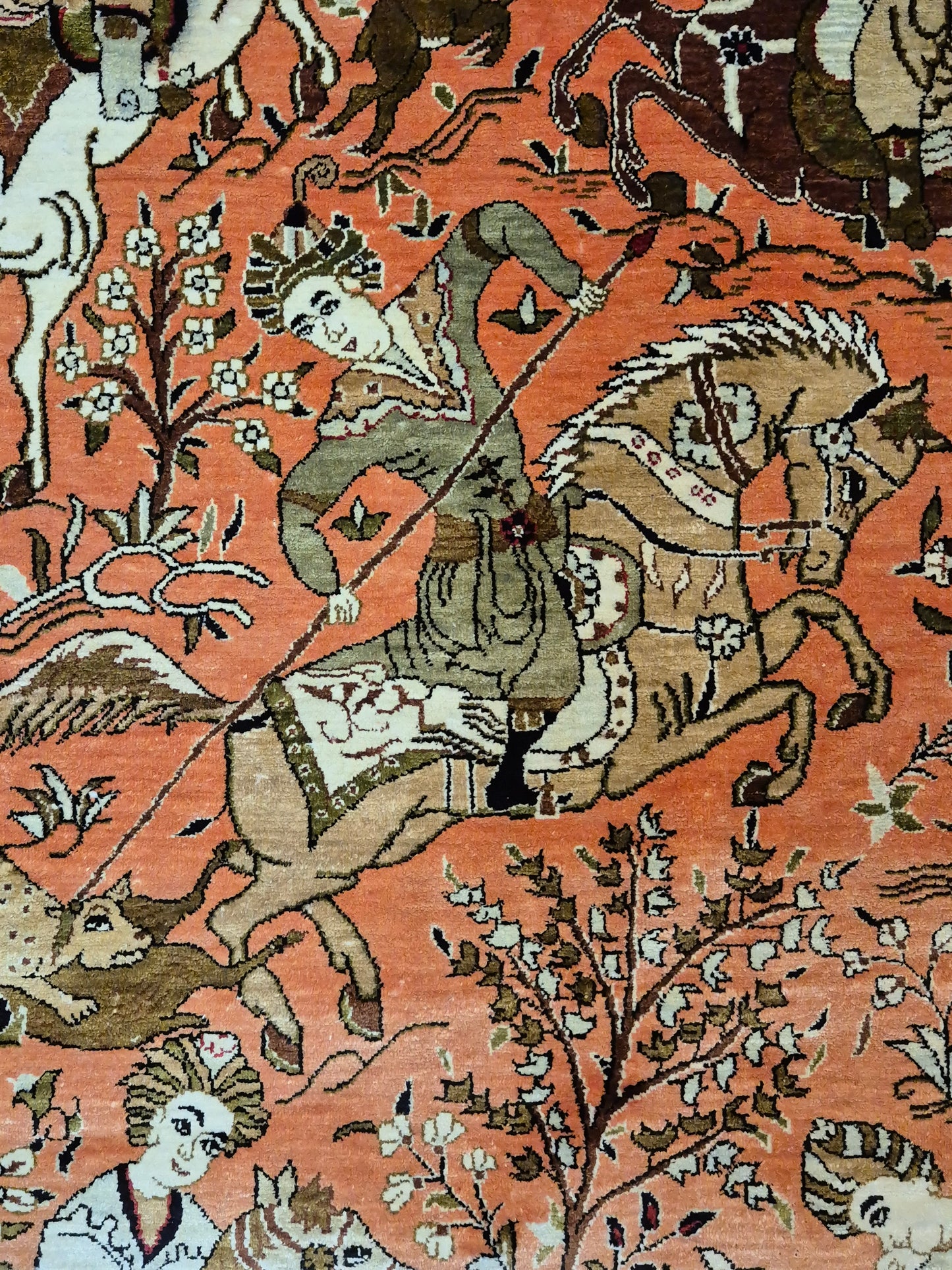 Ghom Seidenteppich Naturseide Jagdmotiv feine Handknüpfung
