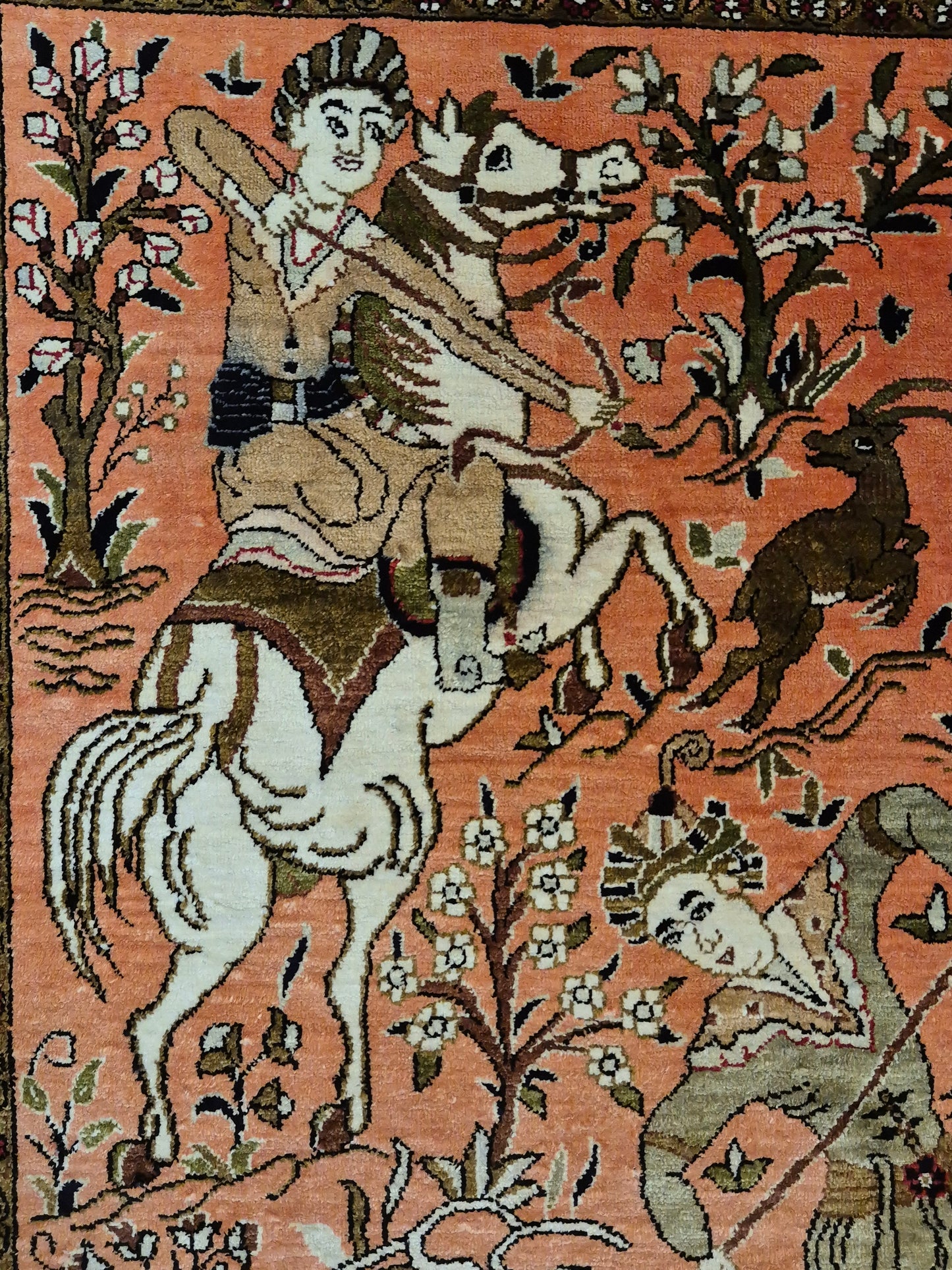 Ghom Seidenteppich Naturseide Jagdmotiv feine Handknüpfung