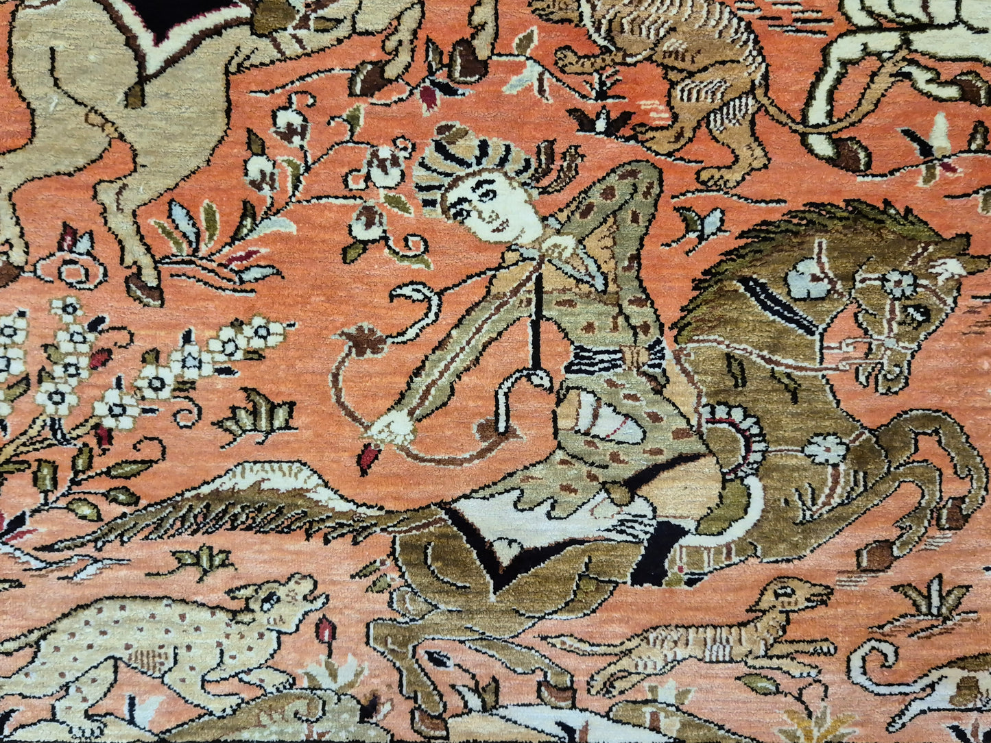 Ghom Seidenteppich Naturseide Jagdmotiv feine Handknüpfung