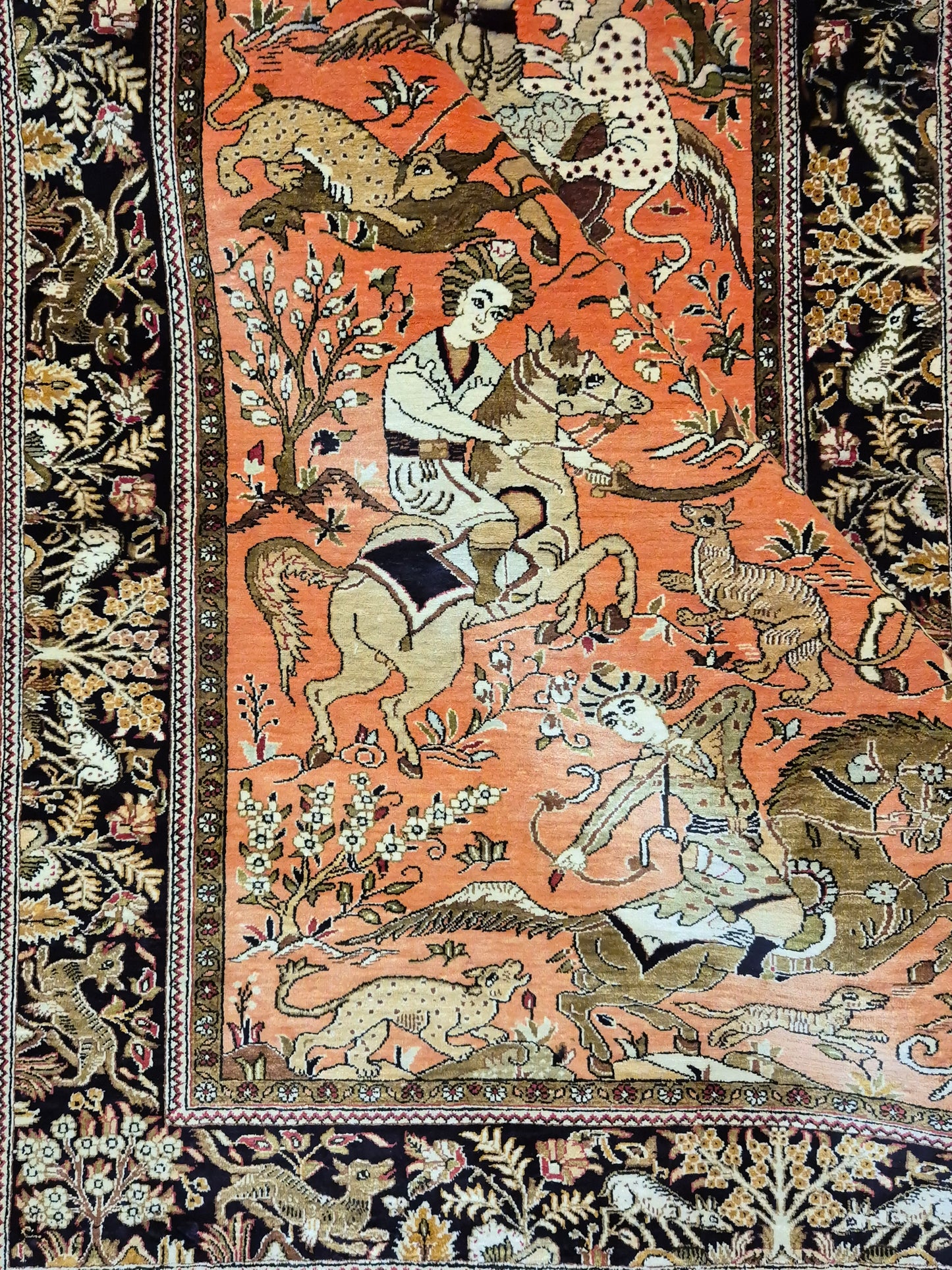 Ghom Seidenteppich Naturseide Jagdmotiv feine Handknüpfung