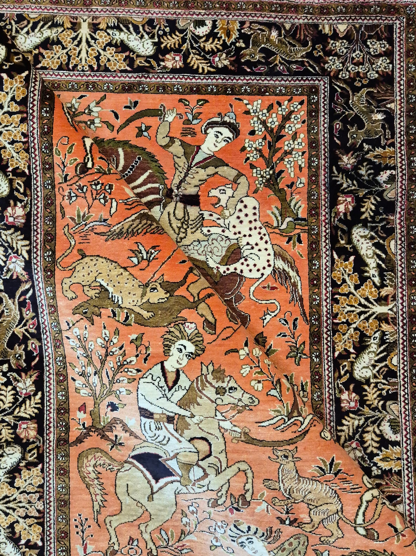 Ghom Seidenteppich Naturseide Jagdmotiv feine Handknüpfung