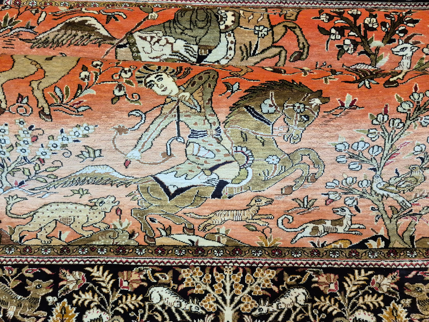 Ghom Seidenteppich Naturseide Jagdmotiv feine Handknüpfung