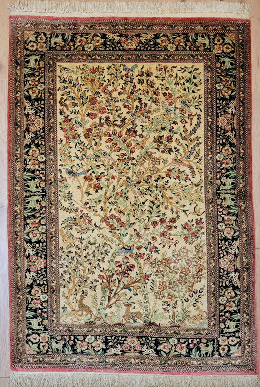 Ghom Teppich Seide auf Seide Jagdszene florales Motiv feine Knüpfung