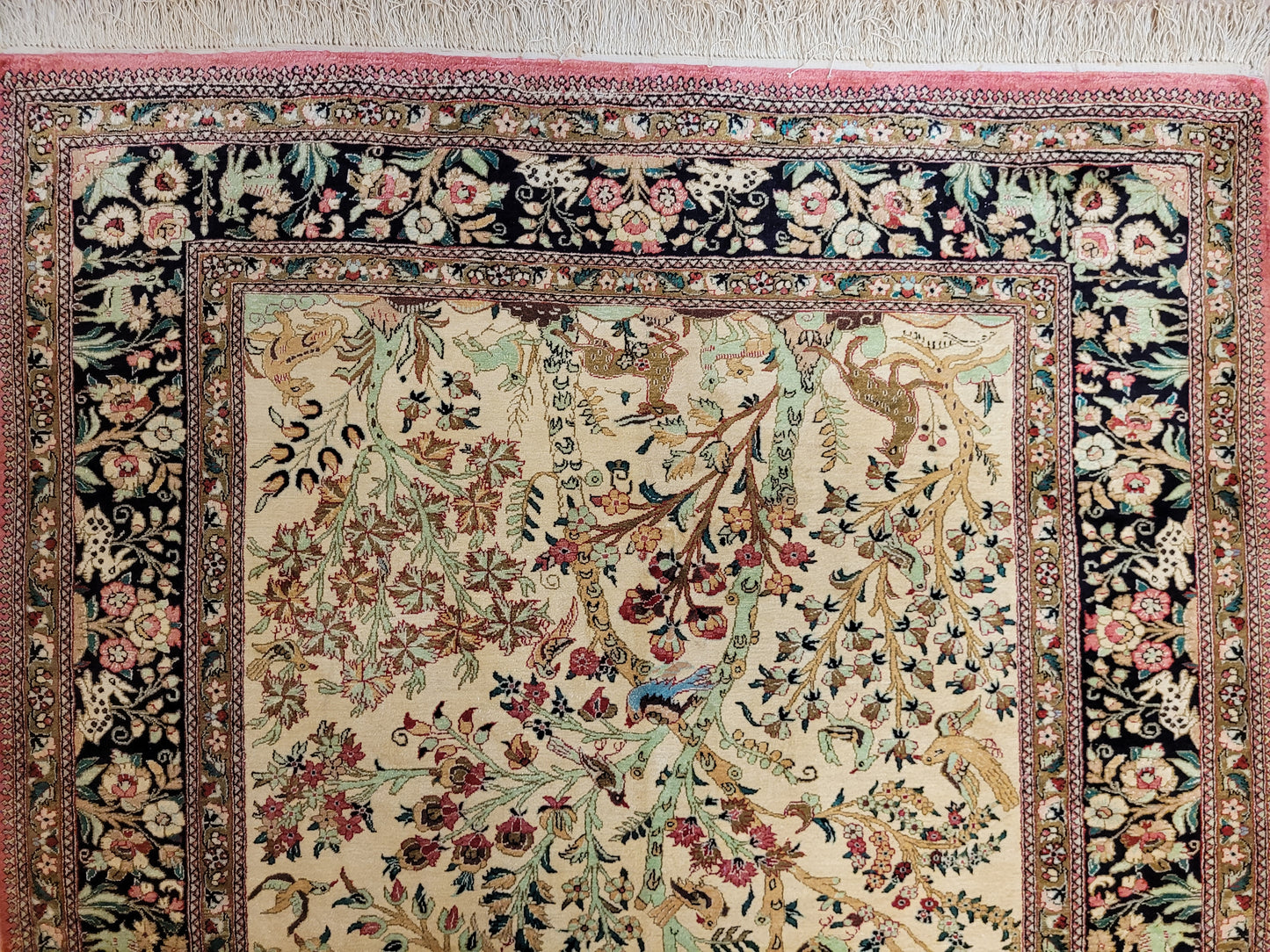 Ghom Teppich Seide auf Seide Jagdszene florales Motiv feine Knüpfung