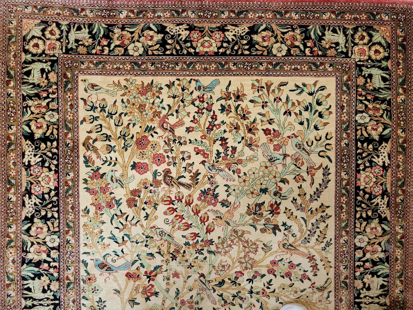 Ghom Teppich Seide auf Seide Jagdszene florales Motiv feine Knüpfung