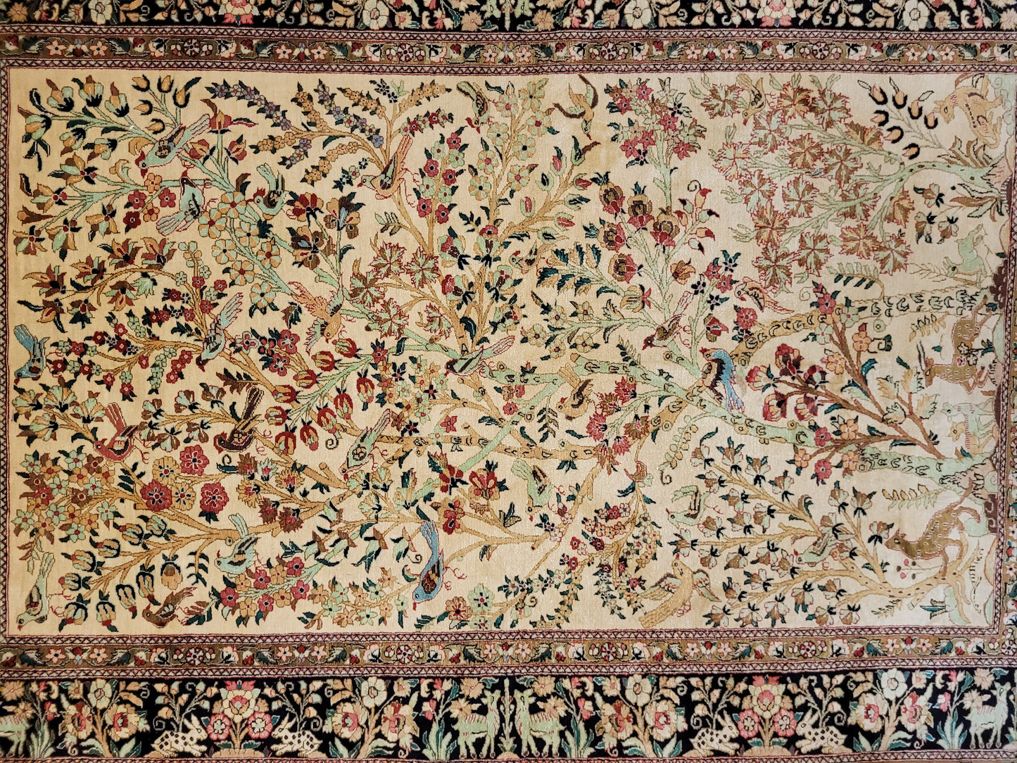 Ghom Teppich Seide auf Seide Jagdszene florales Motiv feine Knüpfung