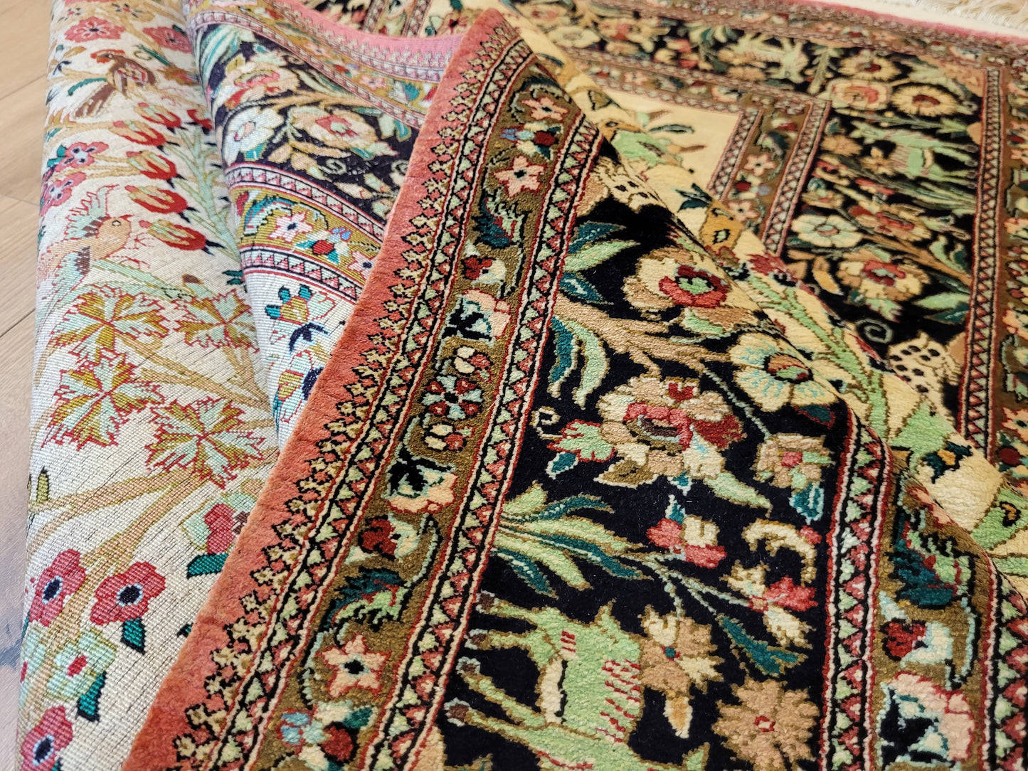 Ghom Teppich Seide auf Seide Jagdszene florales Motiv feine Knüpfung