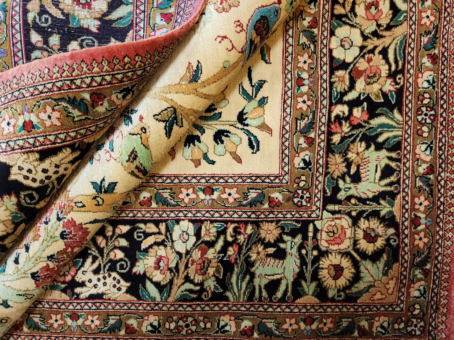 Ghom Teppich Seide auf Seide Jagdszene florales Motiv feine Knüpfung