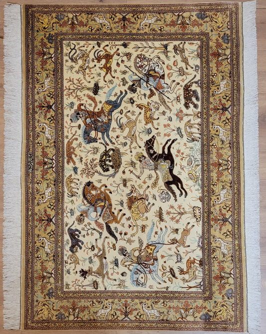 Ghom Seide auf Seide Teppich Jagdmotiv feine Knüpfung signiert