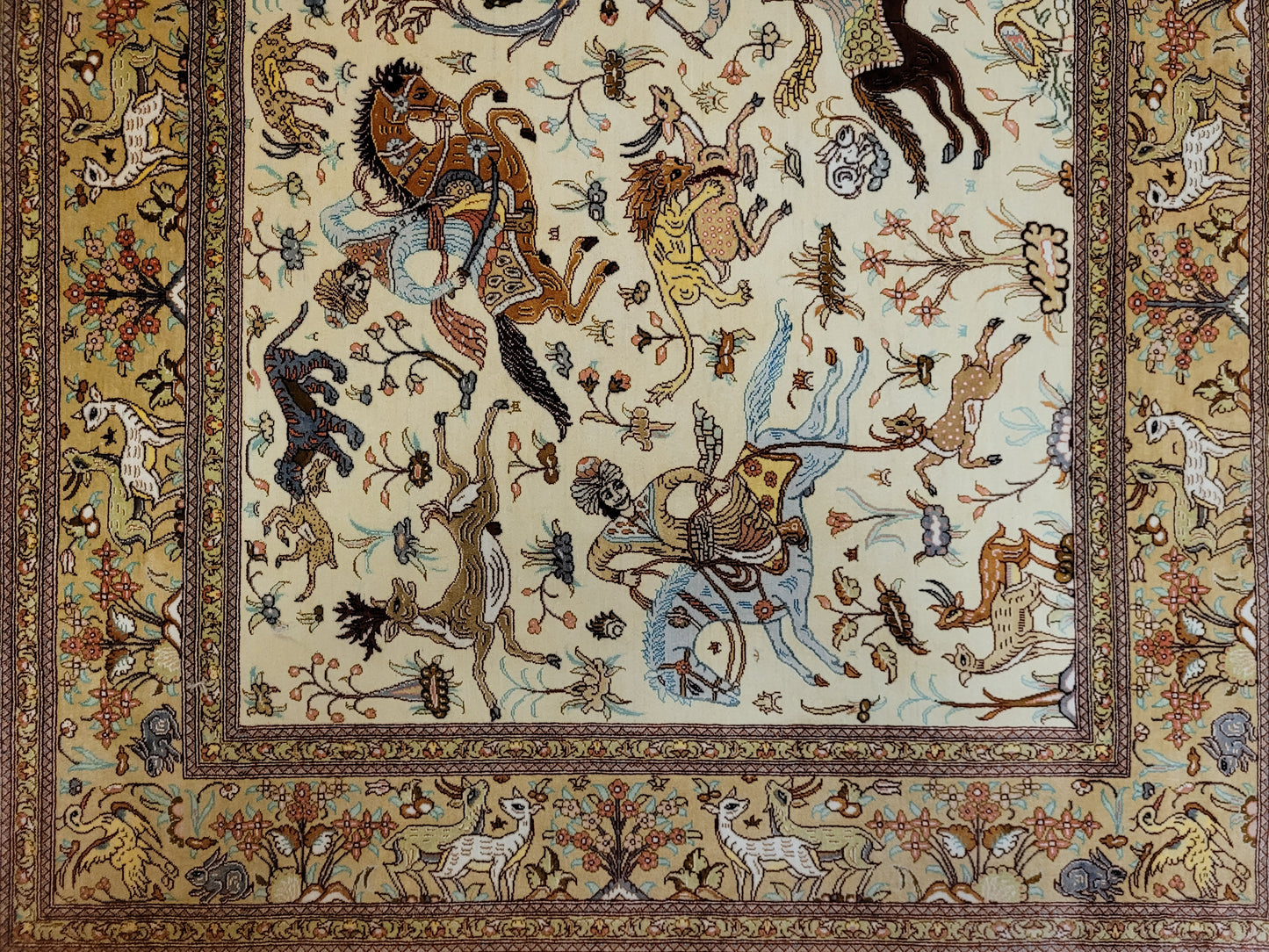 Ghom Seide auf Seide Teppich Jagdmotiv feine Knüpfung signiert