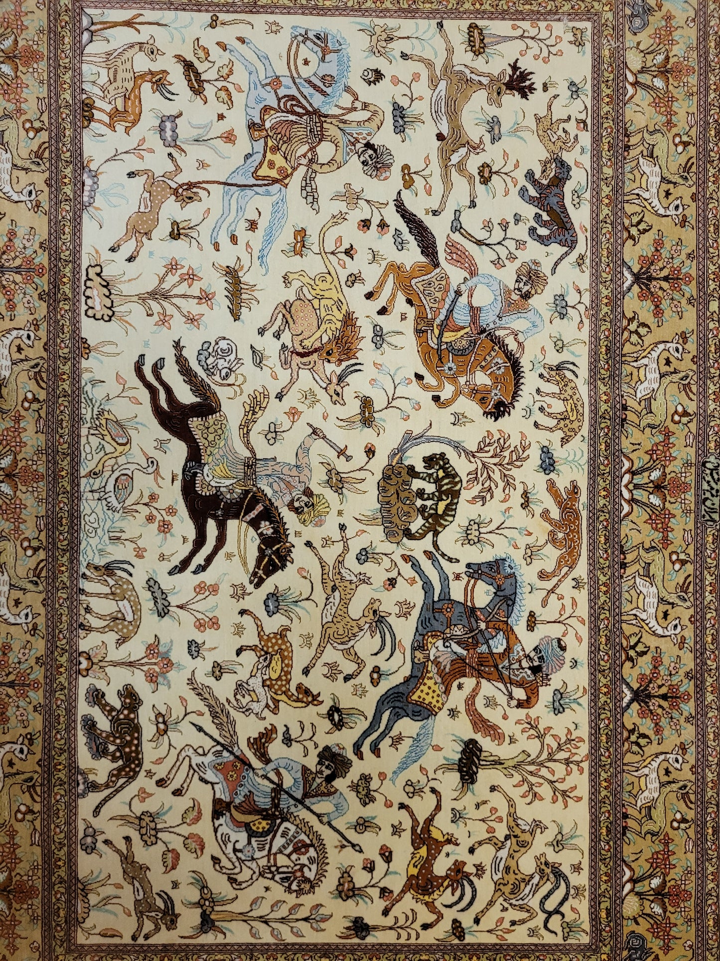 Ghom Seide auf Seide Teppich Jagdmotiv feine Knüpfung signiert