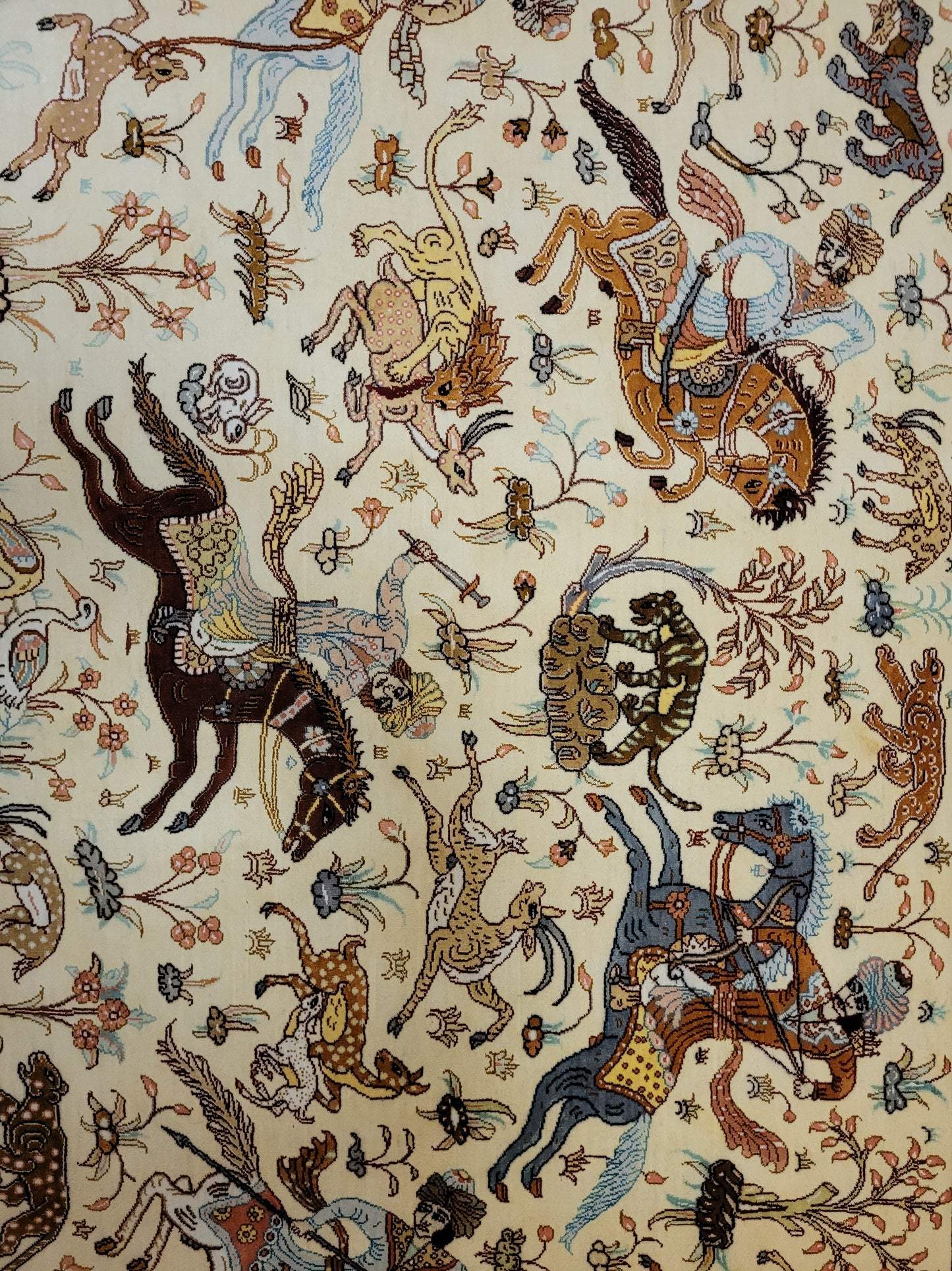 Ghom Seide auf Seide Teppich Jagdmotiv feine Knüpfung signiert