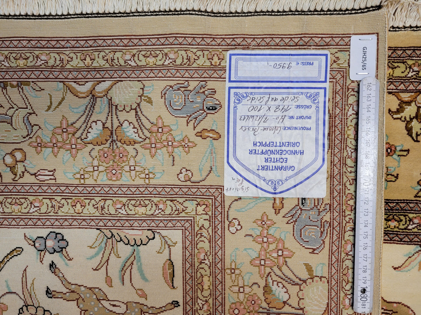 Ghom Seide auf Seide Teppich Jagdmotiv feine Knüpfung signiert