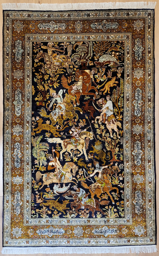 Kaschmir Naturseide Teppich Jagdmotiv feine Knüpfung