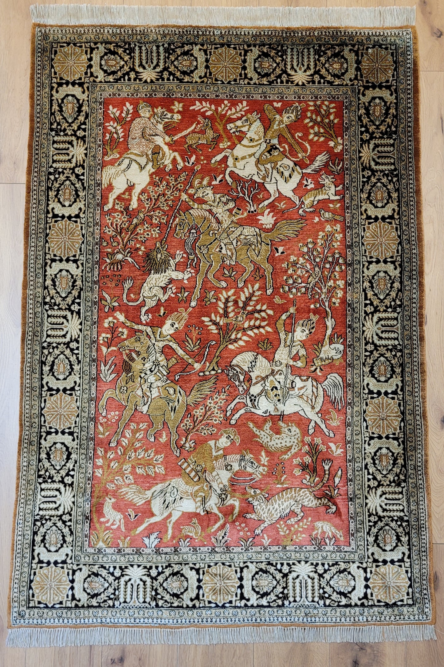 Ghom Seide auf Seide Teppich Jagdmotiv feine Knüpfung