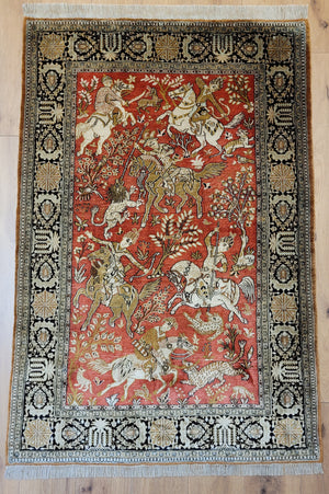 Ghom Seide auf Seide Teppich Jagdmotiv feine Knüpfung