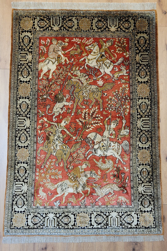 Ghom Seide auf Seide Teppich Jagdmotiv feine Knüpfung