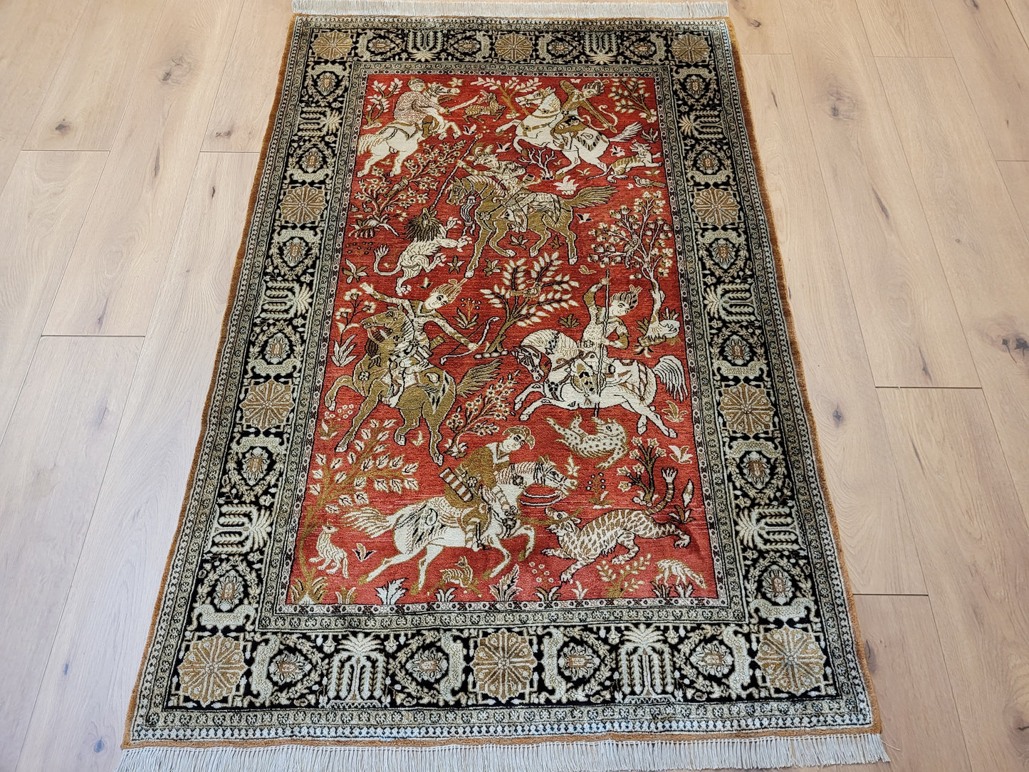 Ghom Seide auf Seide Teppich Jagdmotiv feine Knüpfung