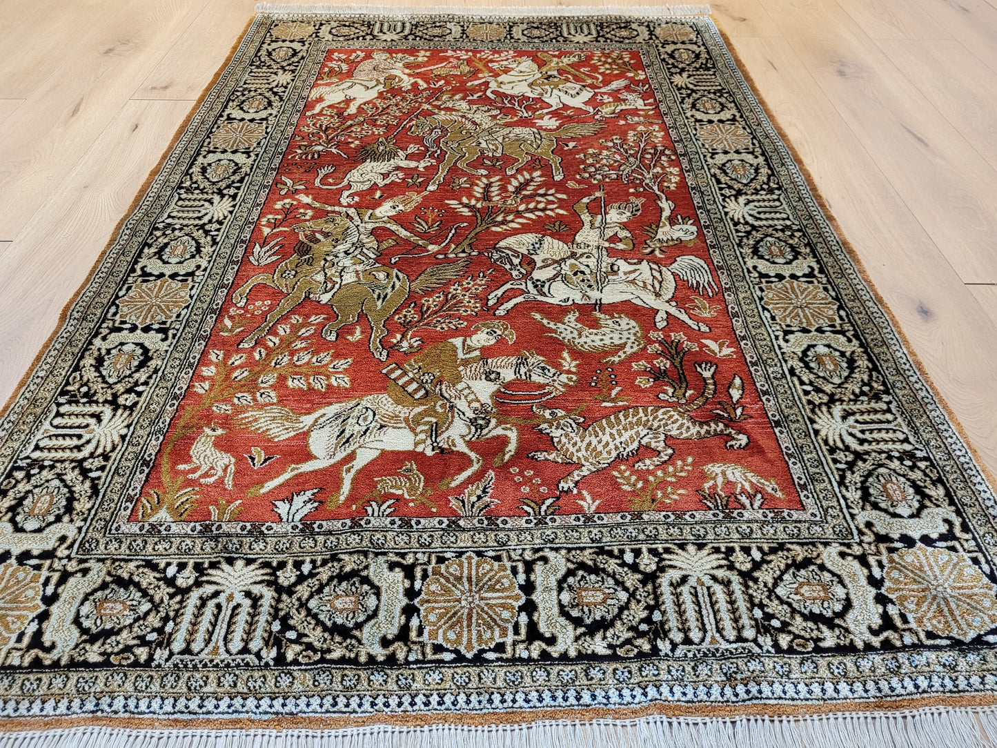 Ghom Seide auf Seide Teppich Jagdmotiv feine Knüpfung