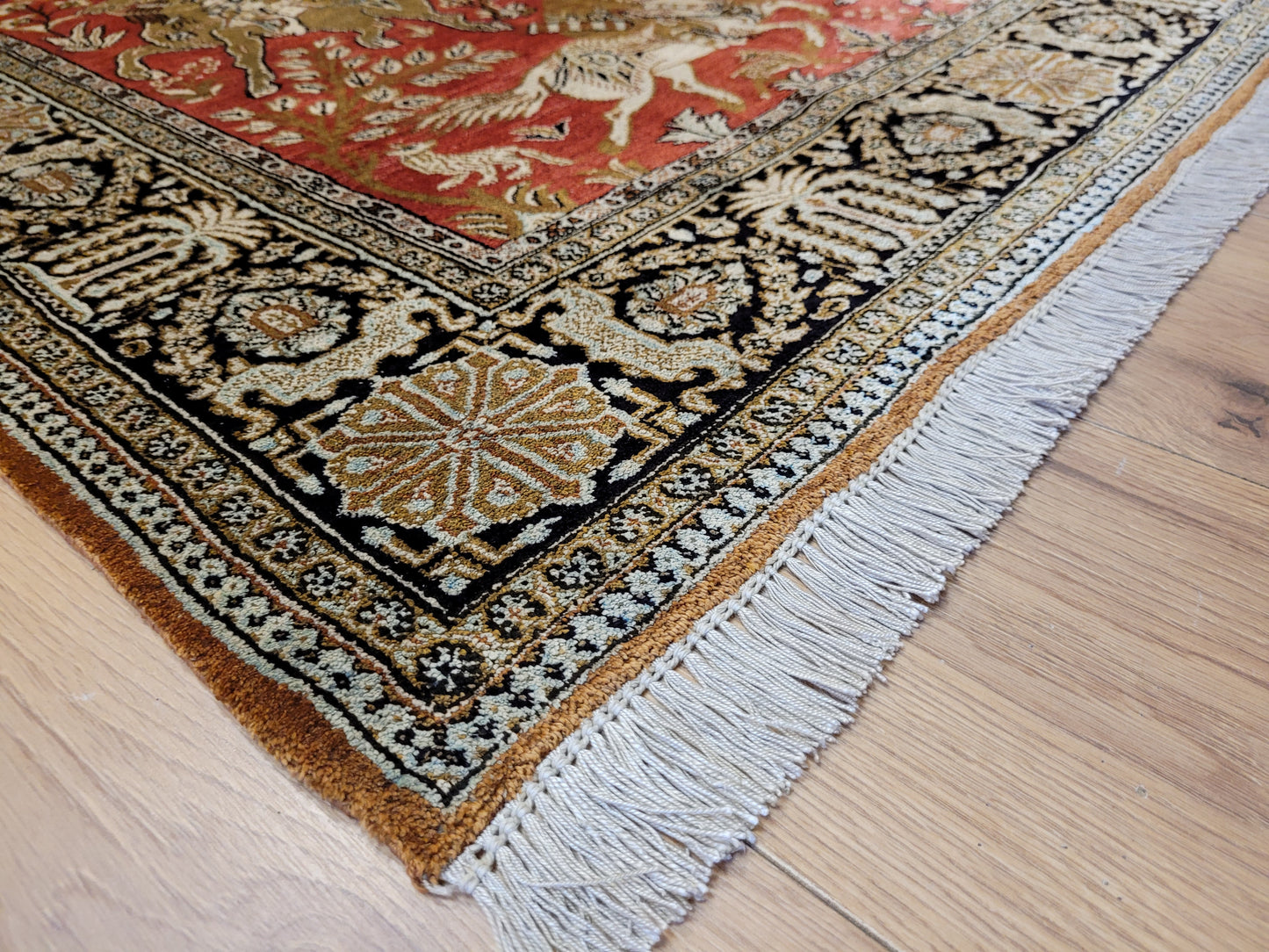 Ghom Seide auf Seide Teppich Jagdmotiv feine Knüpfung