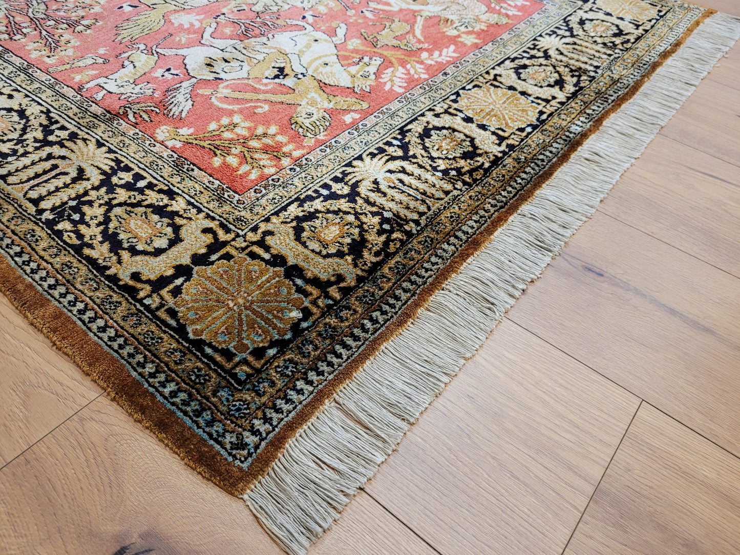 Ghom Seide auf Seide Teppich Jagdmotiv feine Knüpfung