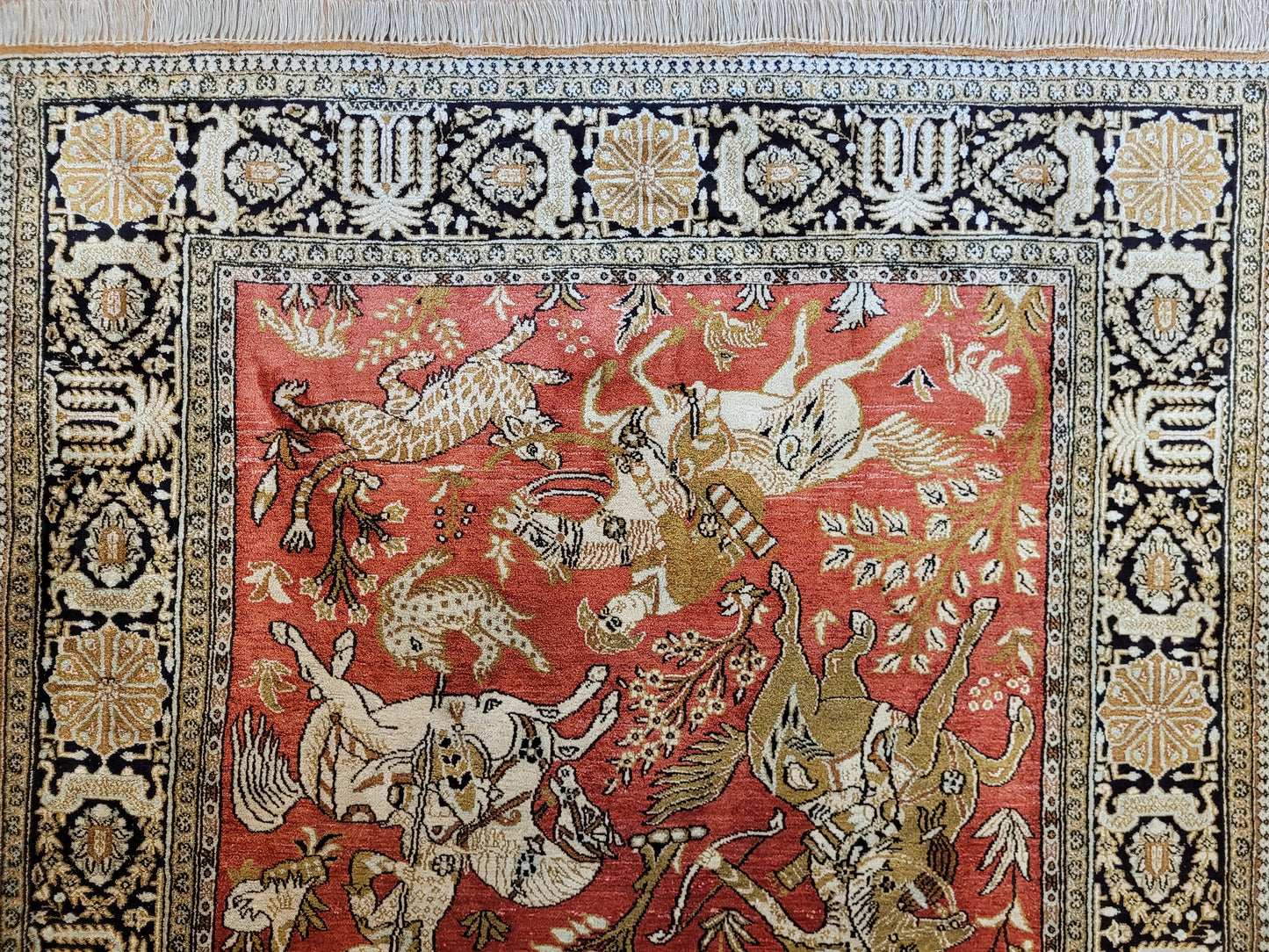Ghom Seide auf Seide Teppich Jagdmotiv feine Knüpfung