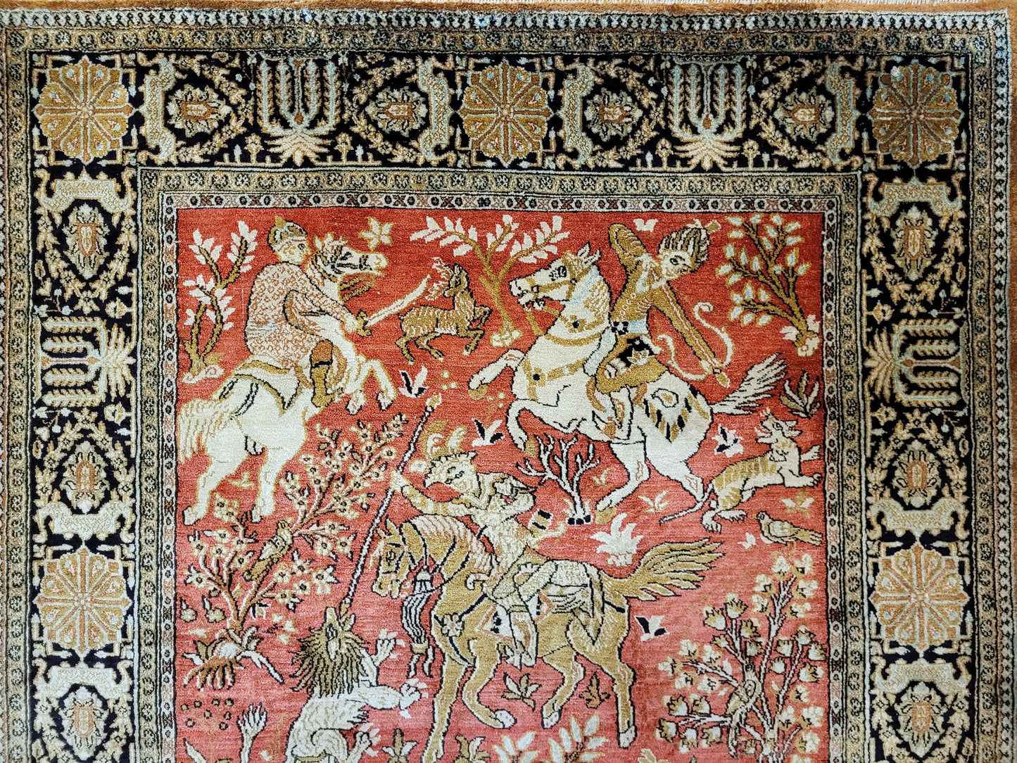 Ghom Seide auf Seide Teppich Jagdmotiv feine Knüpfung