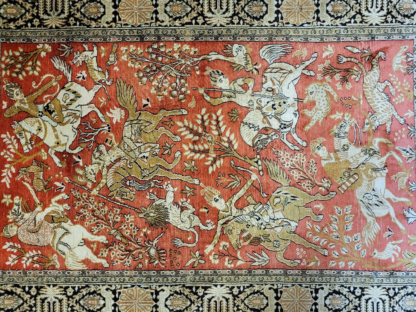 Ghom Seide auf Seide Teppich Jagdmotiv feine Knüpfung