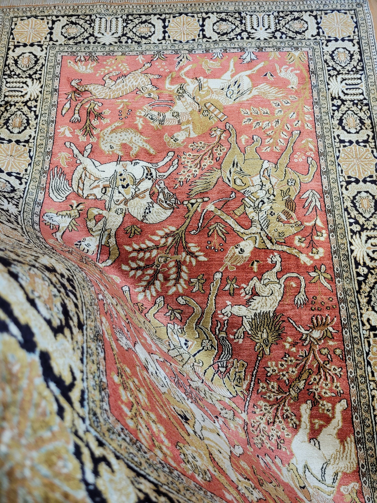 Ghom Seide auf Seide Teppich Jagdmotiv feine Knüpfung