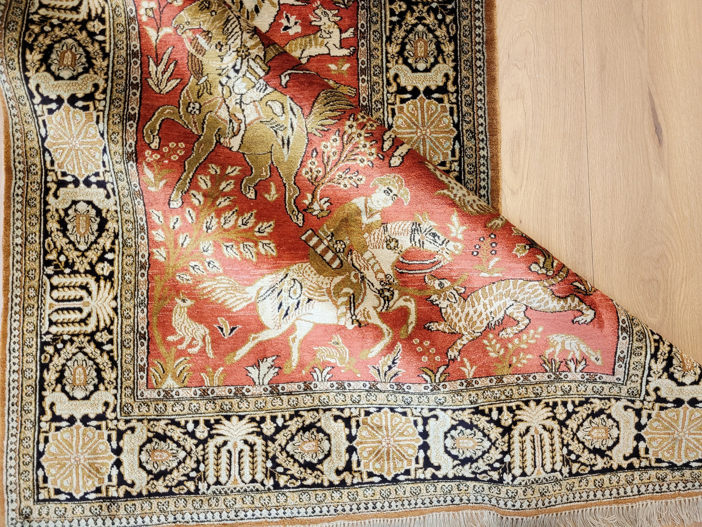 Ghom Seide auf Seide Teppich Jagdmotiv feine Knüpfung