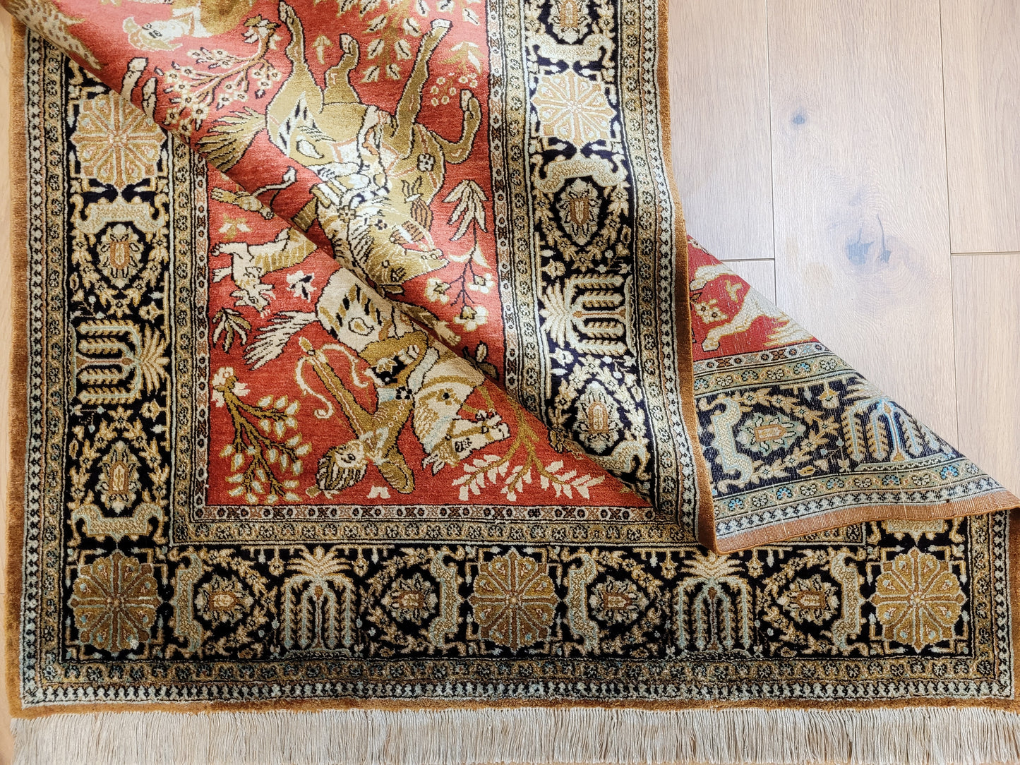 Ghom Seide auf Seide Teppich Jagdmotiv feine Knüpfung